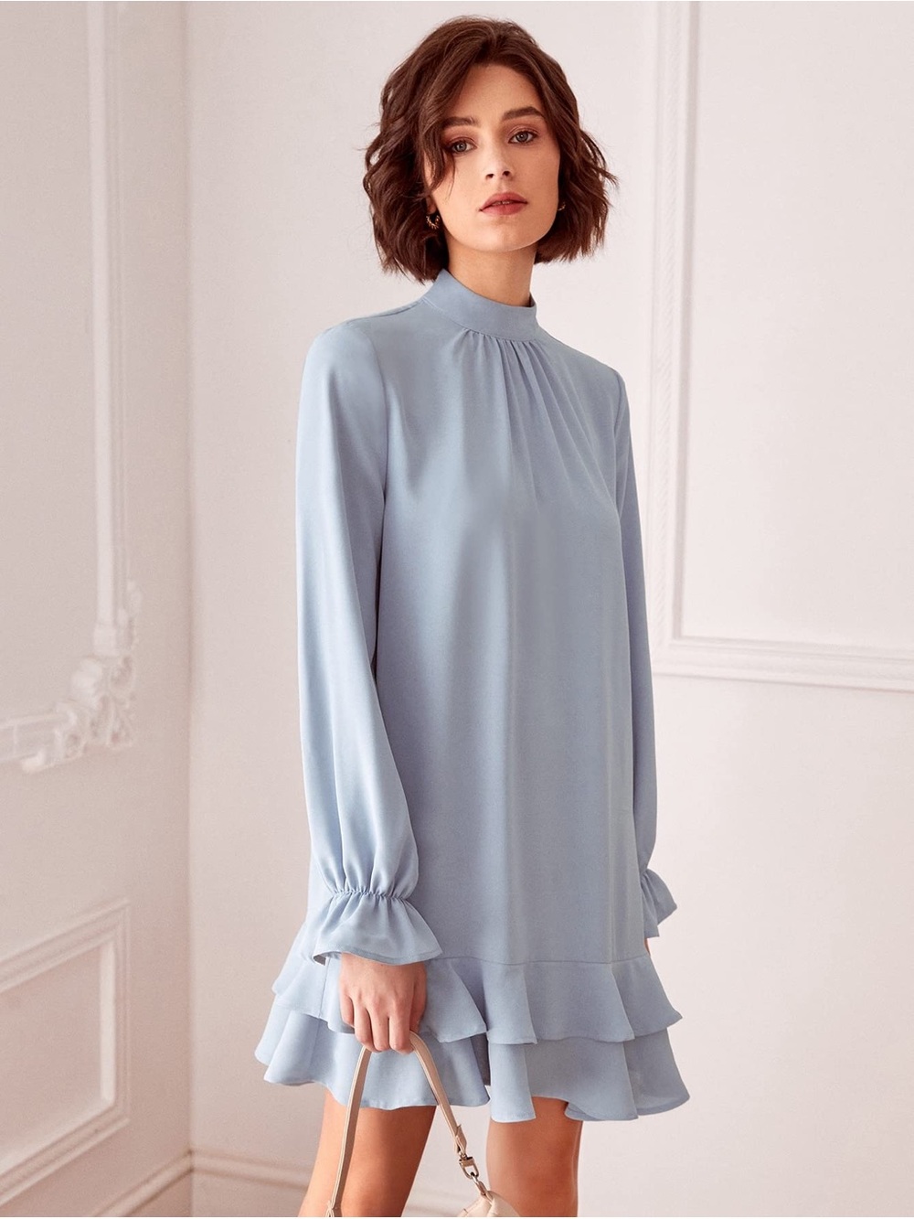 Light Blue Ruffle Hem Long Sleeve Dress